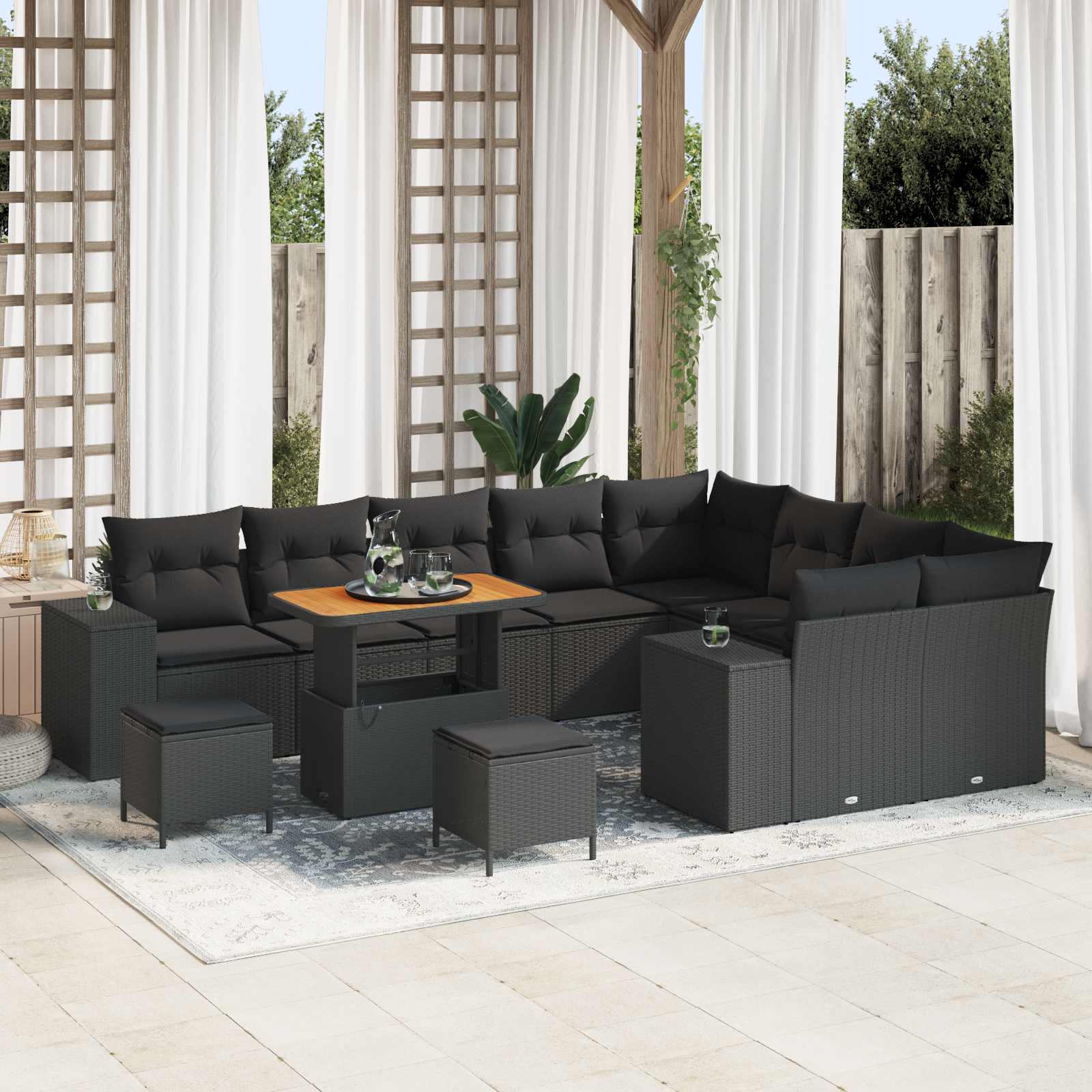 Conjunto de sofá de jardim com almofada 9 pcs Preto e creme