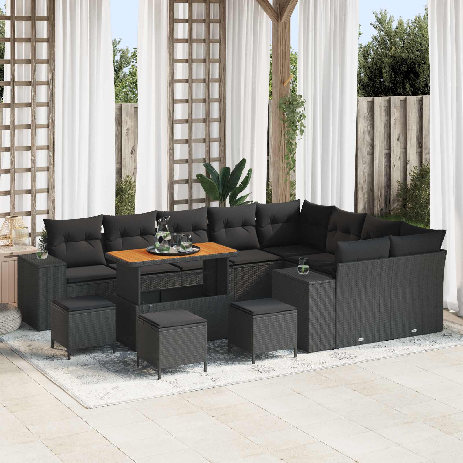 Conjunto de sofá de jardim com almofada 9 pcs Preto e creme