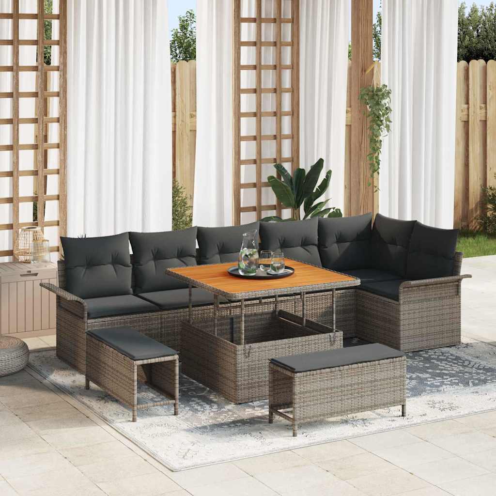 Conjunto de sofá de jardín con cojín 9 pcs Beige y Gris Claro