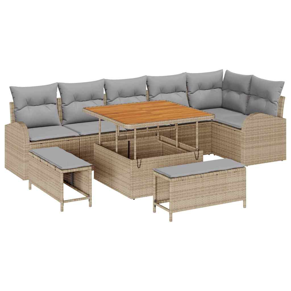 Conjunto de sofá de jardín con cojín 9 pcs Beige y Gris Claro