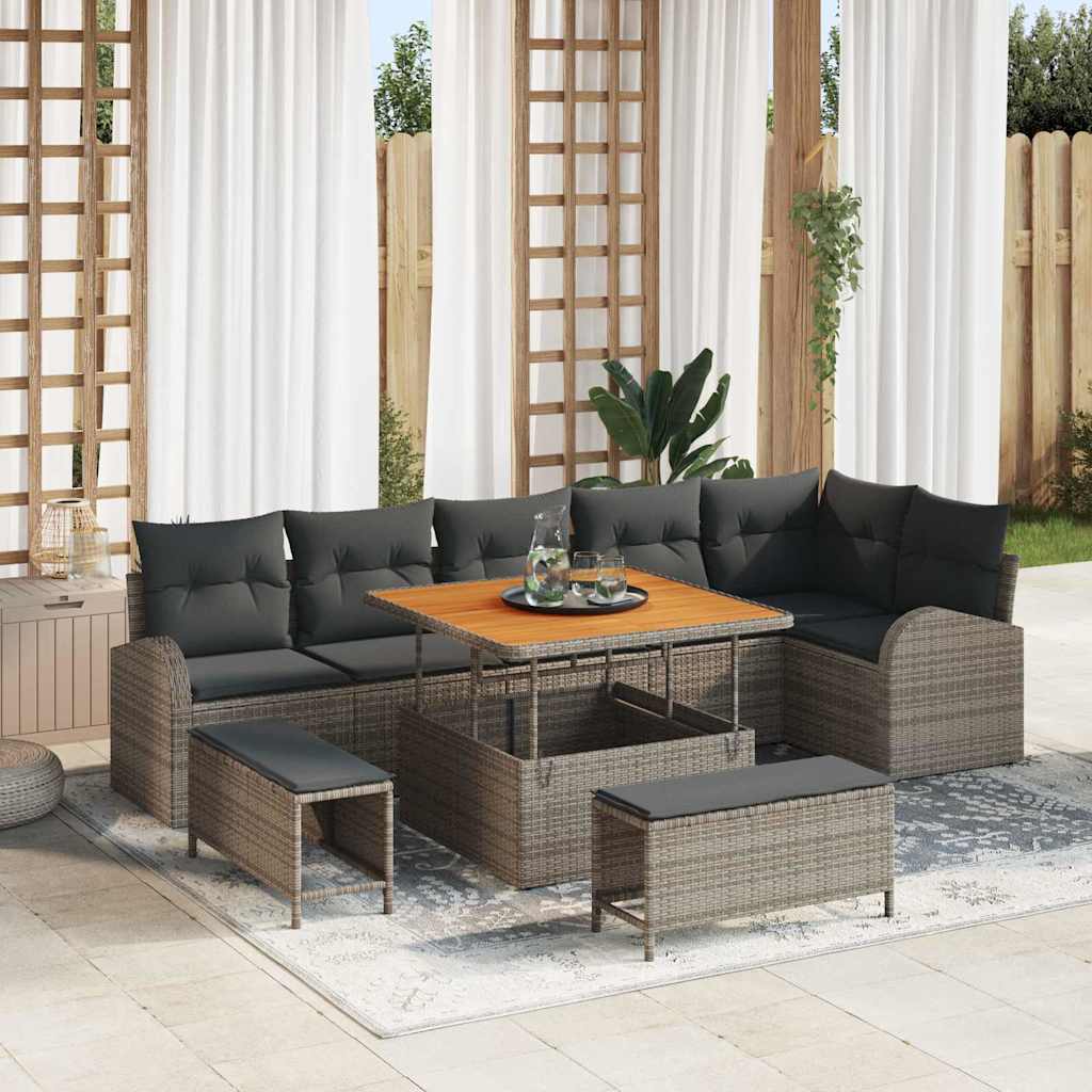 Conjunto de sofá de jardín con cojín con almohada 9 pcs Gris