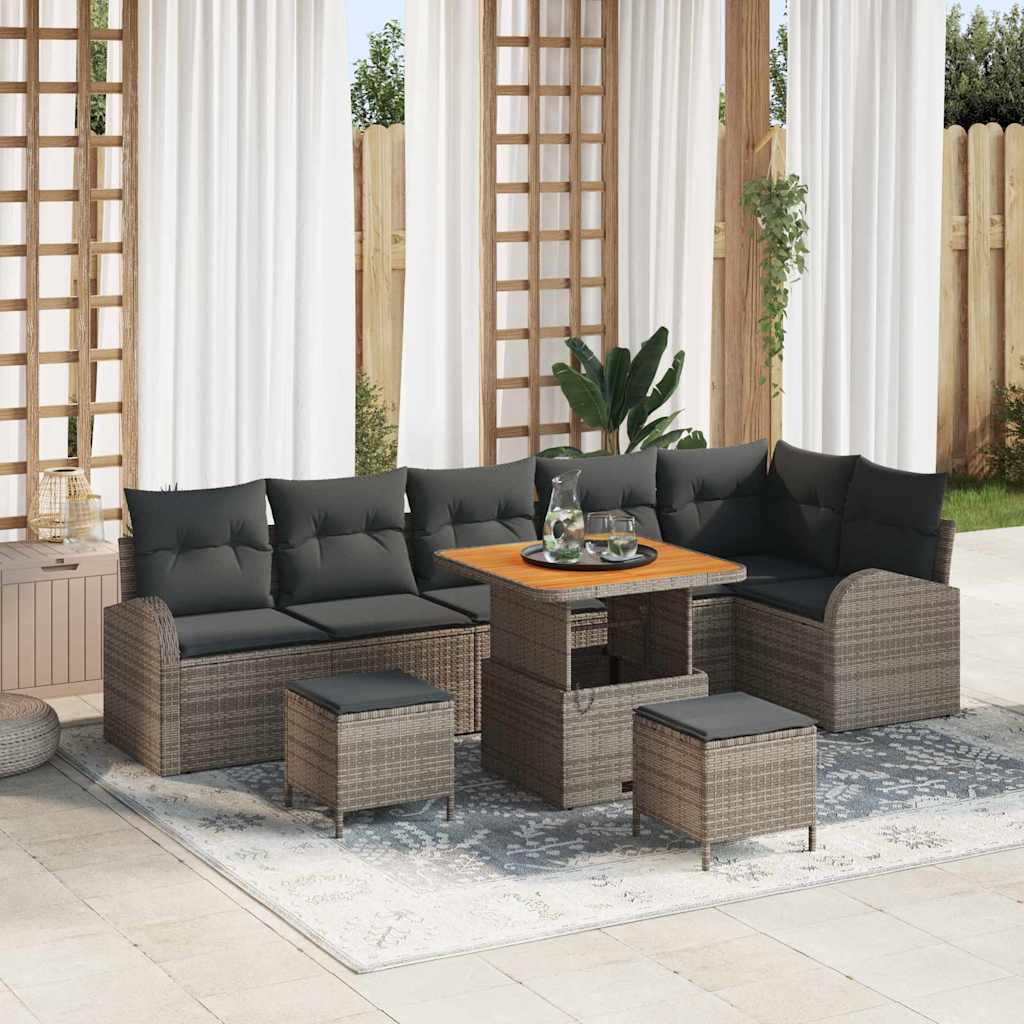 Conjunto de sofá de jardim com almofadas e almofadões 9 peças Cinzento