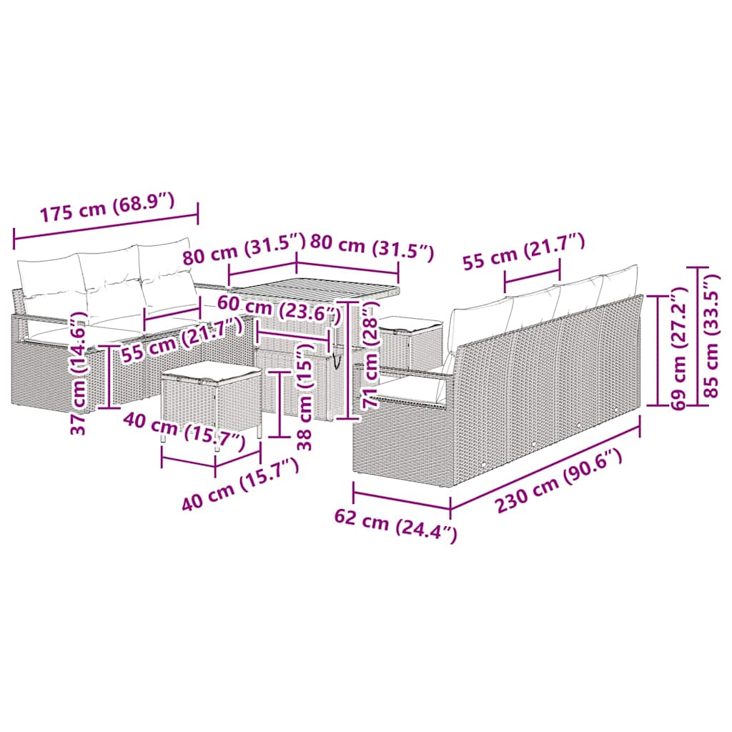 Conjunto de sofá de jardín con cojín 10 pcs Beige y Crema