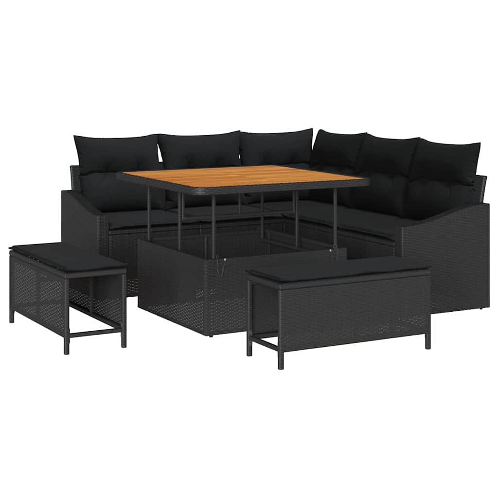 Conjunto de sofás de jardín con cojín 8 pcs Negro Poliratán
