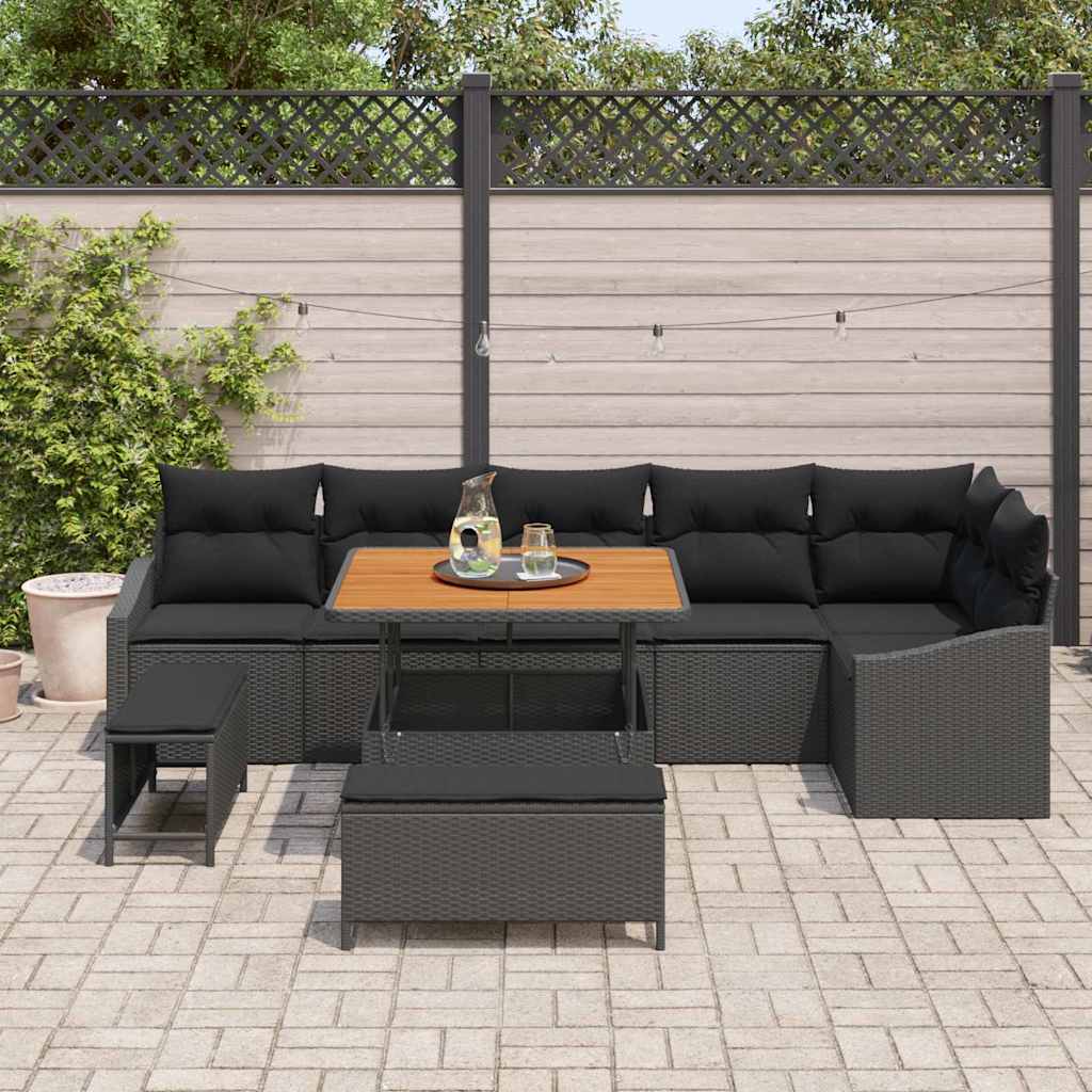Conjunto de sofás de jardín con cojín 9 pcs Negro Poliratán