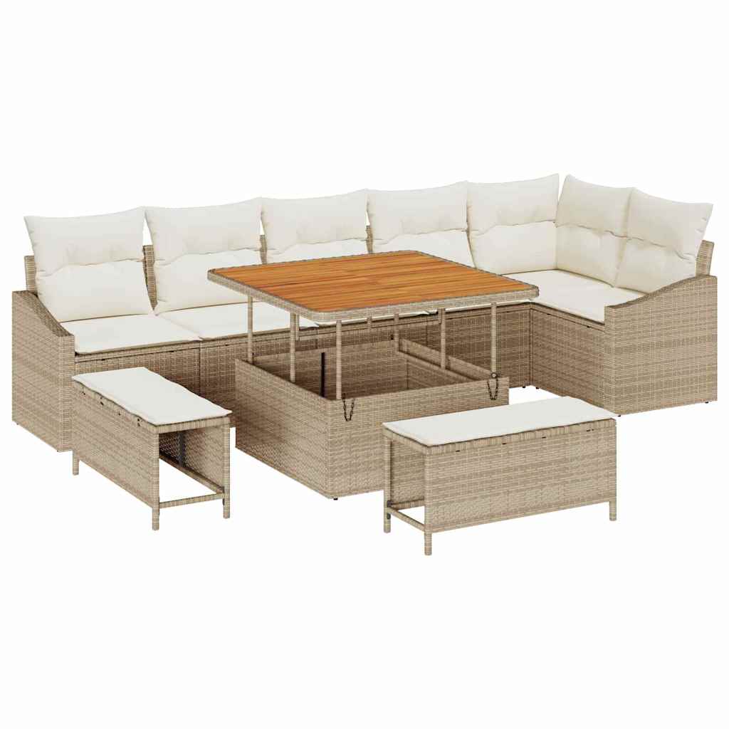 Conjunto de sofás de jardín con cojín 9 pcs Beige Poliratán