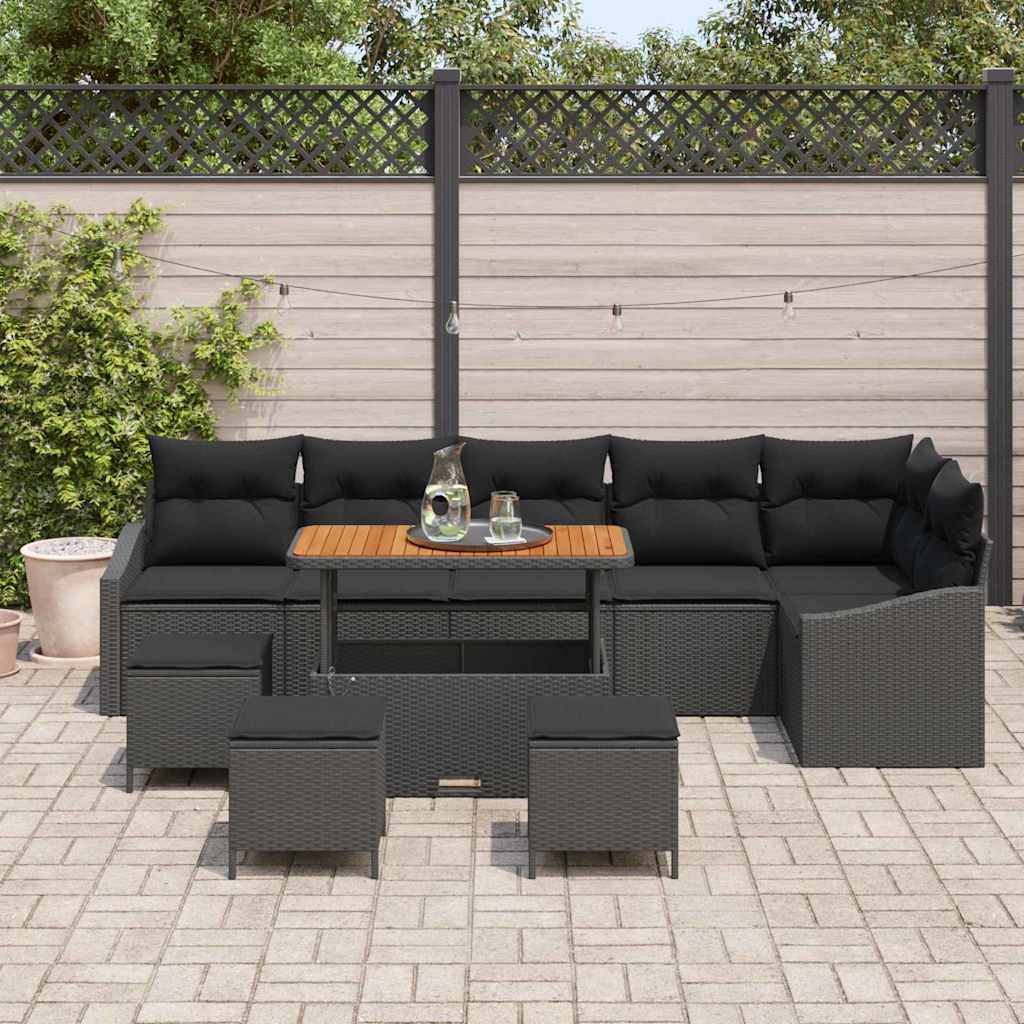 Conjunto de sofás de jardín con cojín 10 pcs Negro Poliratán