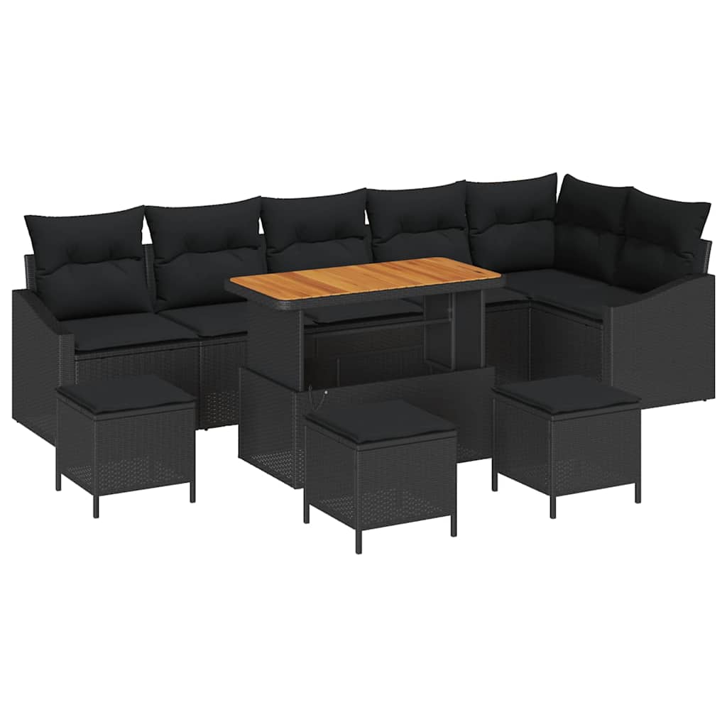 Conjunto de sofás de jardín con cojín 10 pcs Negro Poliratán