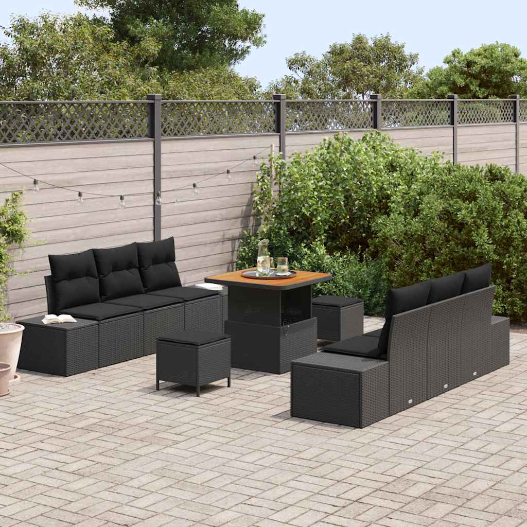 Conjunto de sofás de jardín con cojín 9 pcs Negro Poliratán