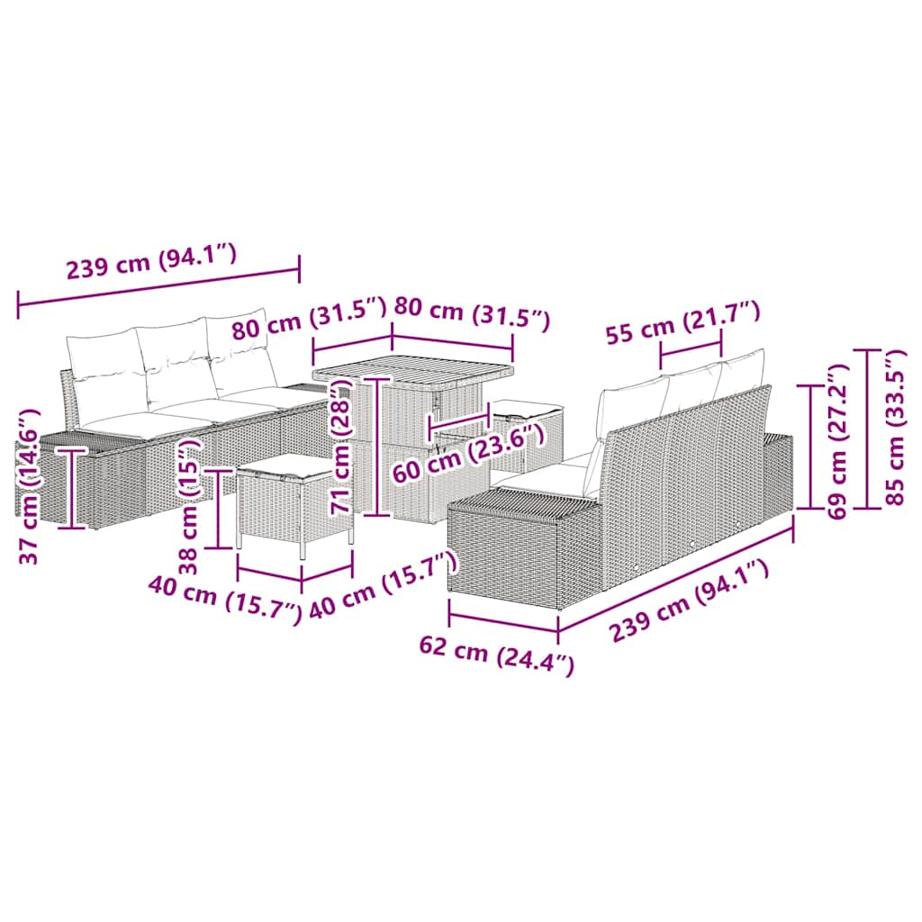 Conjunto de sofás de jardín con cojín 9 pcs Gris Poliratán