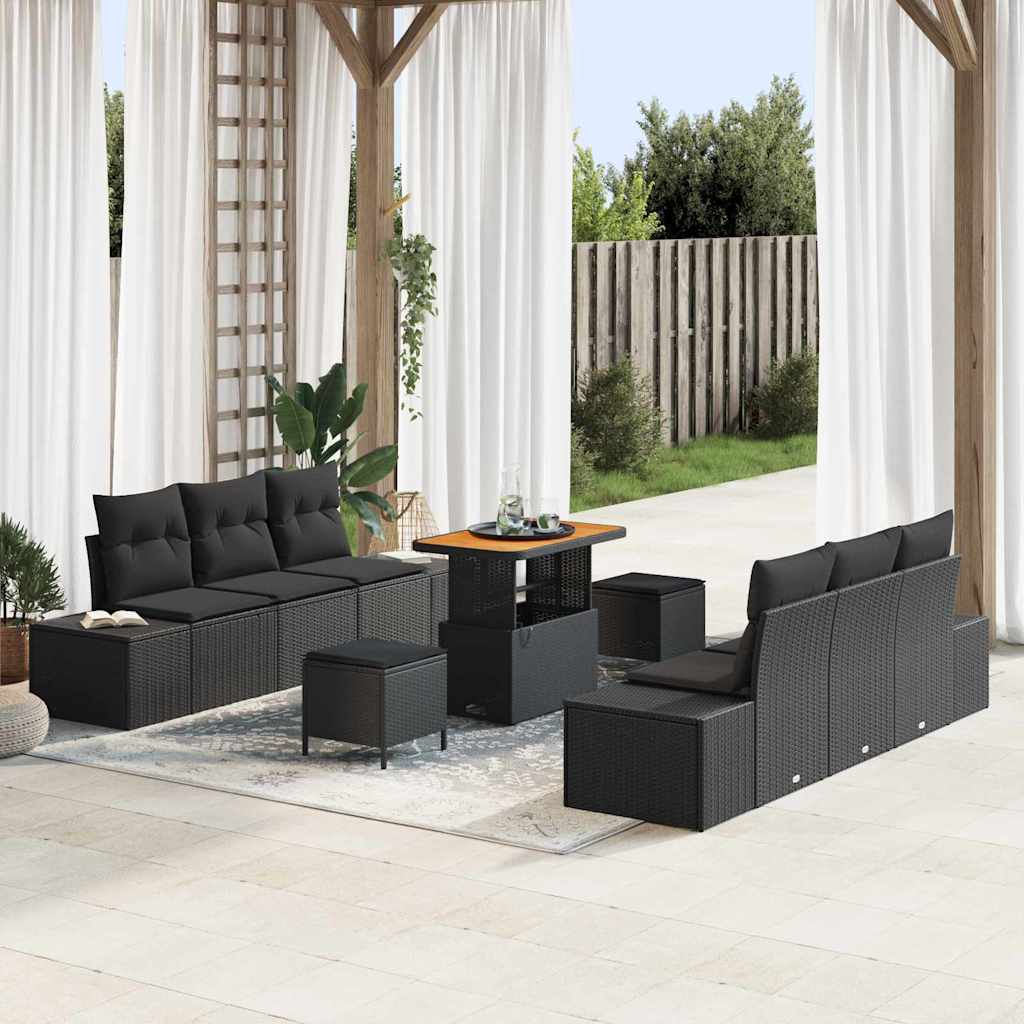Conjunto de sofás de jardín con cojín 9 pcs Negro Poliratán