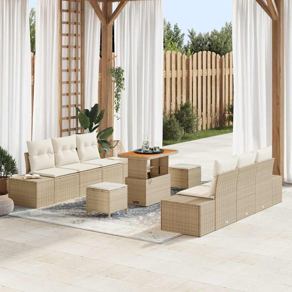 Conjunto de sofás de jardín con cojín 9 pcs Beige Poliratán