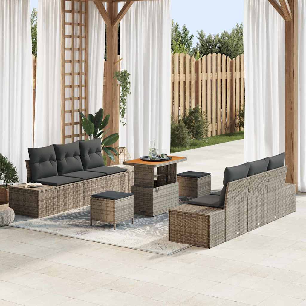 Conjunto de sofás de jardín con cojín 9 pcs Gris Poliratán