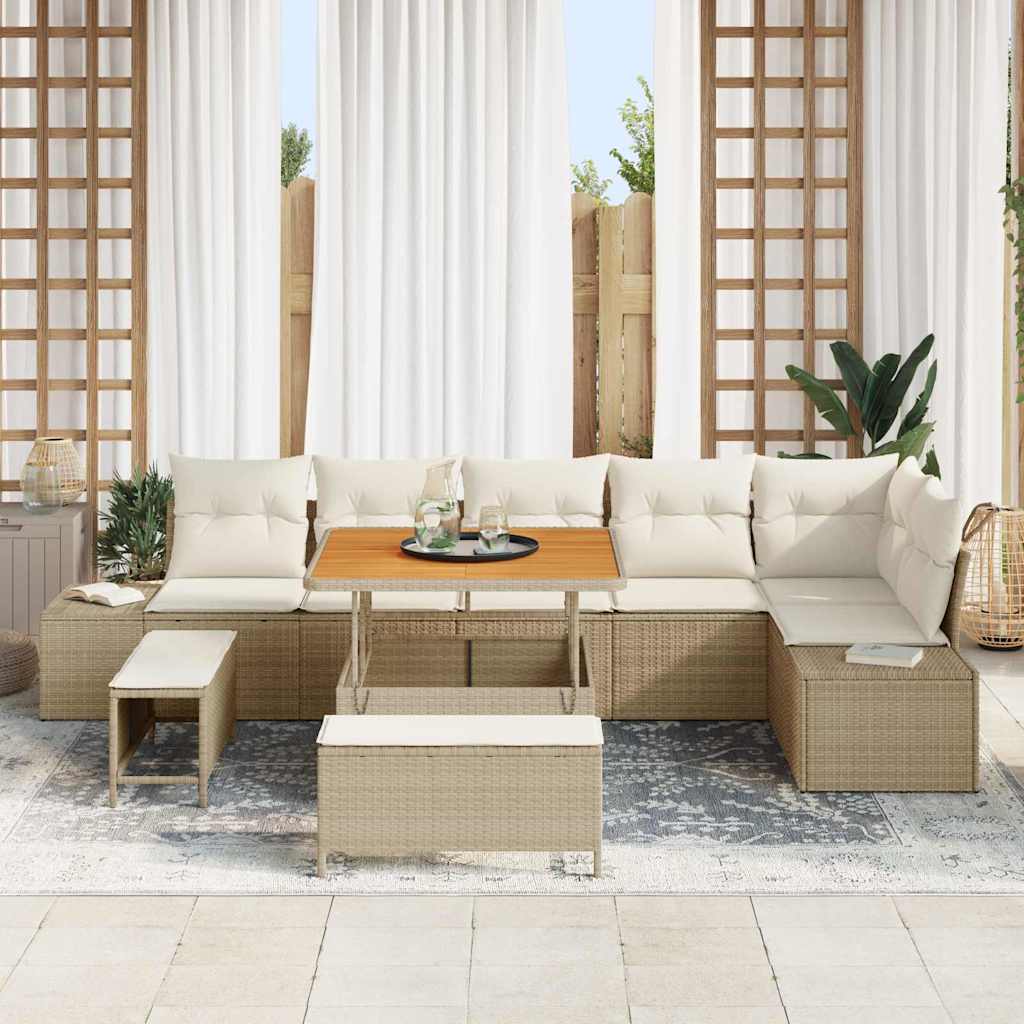 Conjunto de sofás de jardín con cojín 9 pcs Beige Poliratán