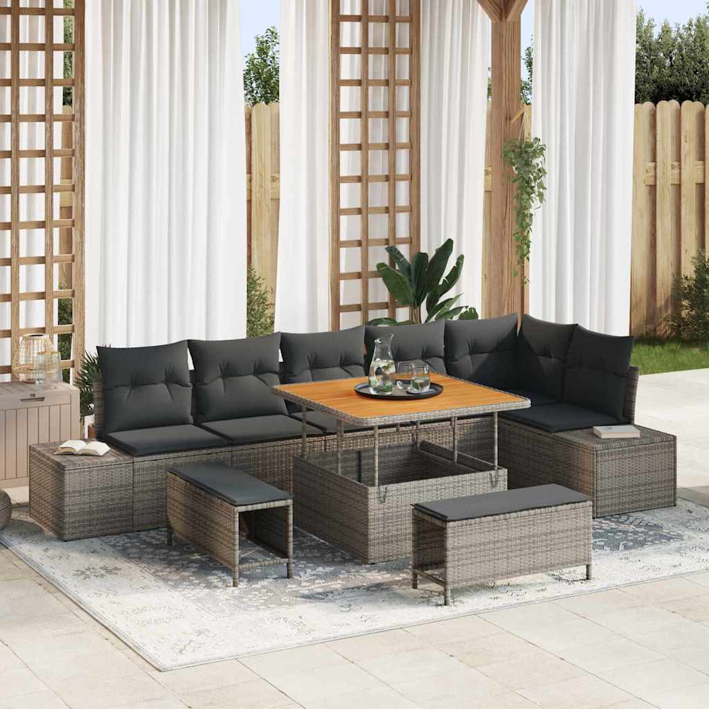 Conjunto de sofás de jardín con cojín 9 pcs Beige Poliratán