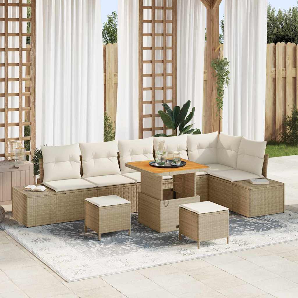Conjunto de sofás de jardín con cojín 9 pcs Beige Poliratán