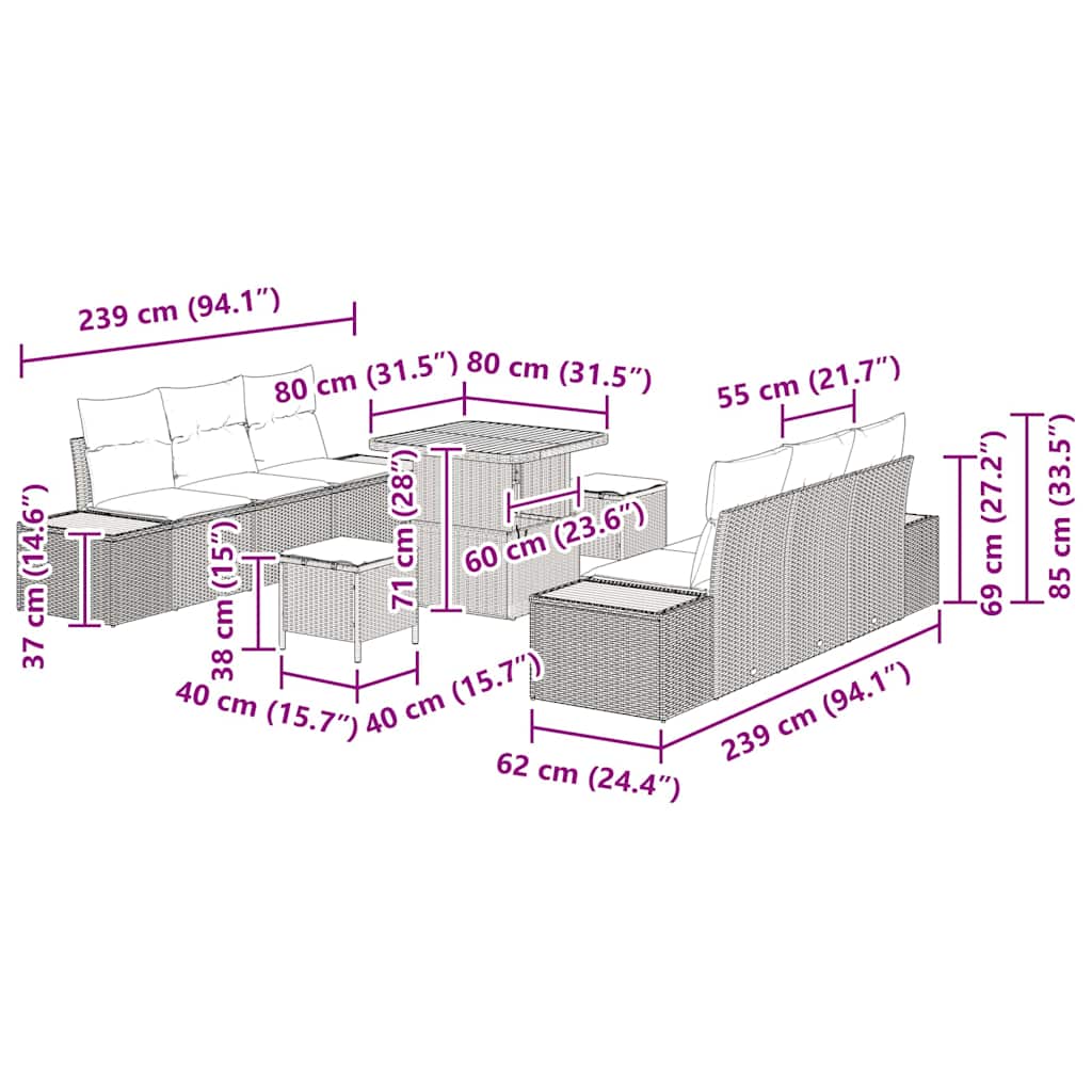 Conjunto de sofás de jardín con cojín 9 pcs Beige Poliratán