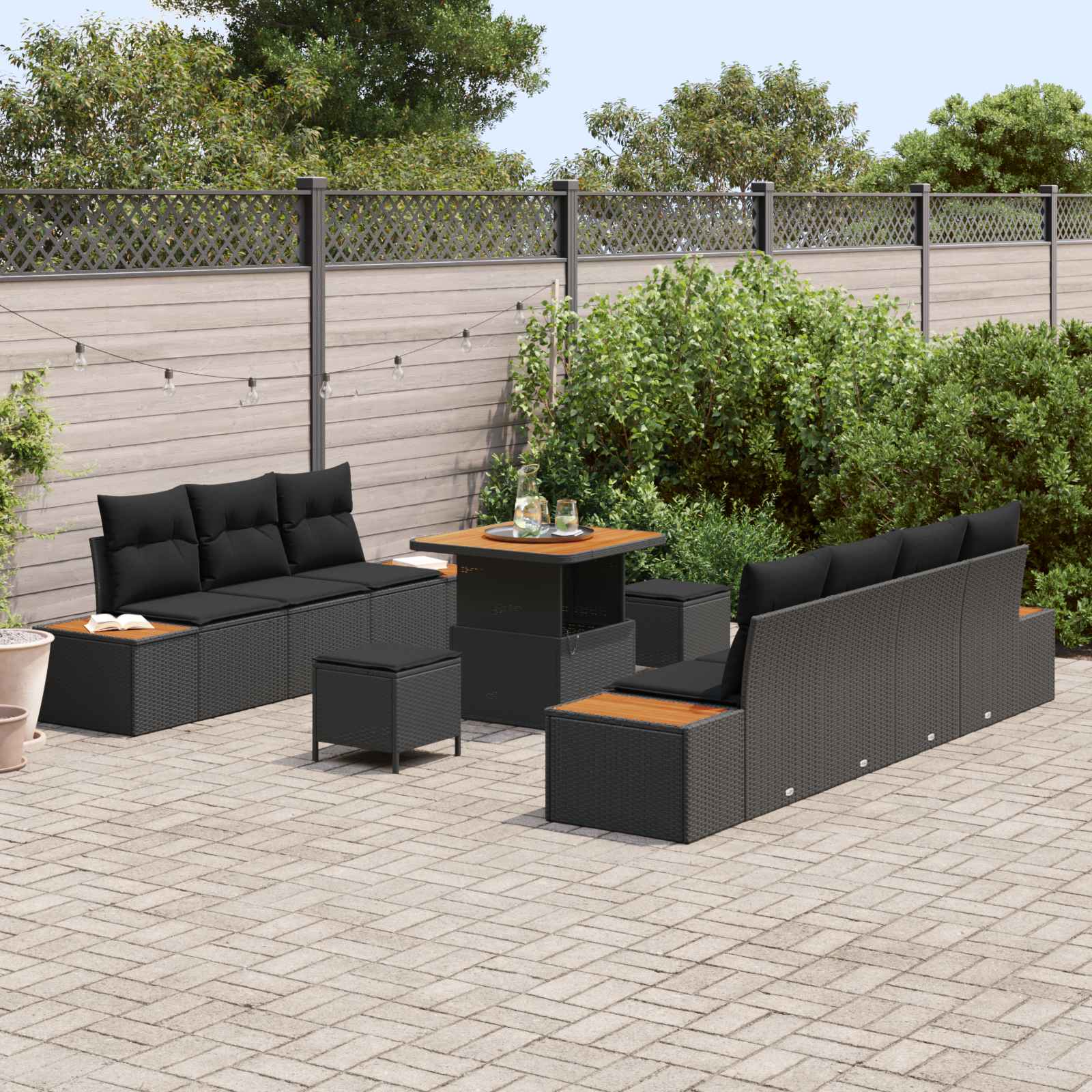 Conjunto de sofás de jardín con cojín 10 pcs Negro Poliratán