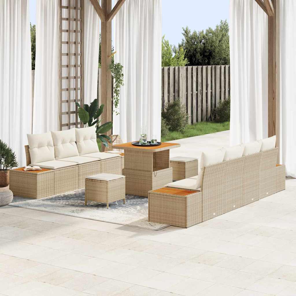 Conjunto de sofás de jardín con cojín 10 pcs Beige Poliratán
