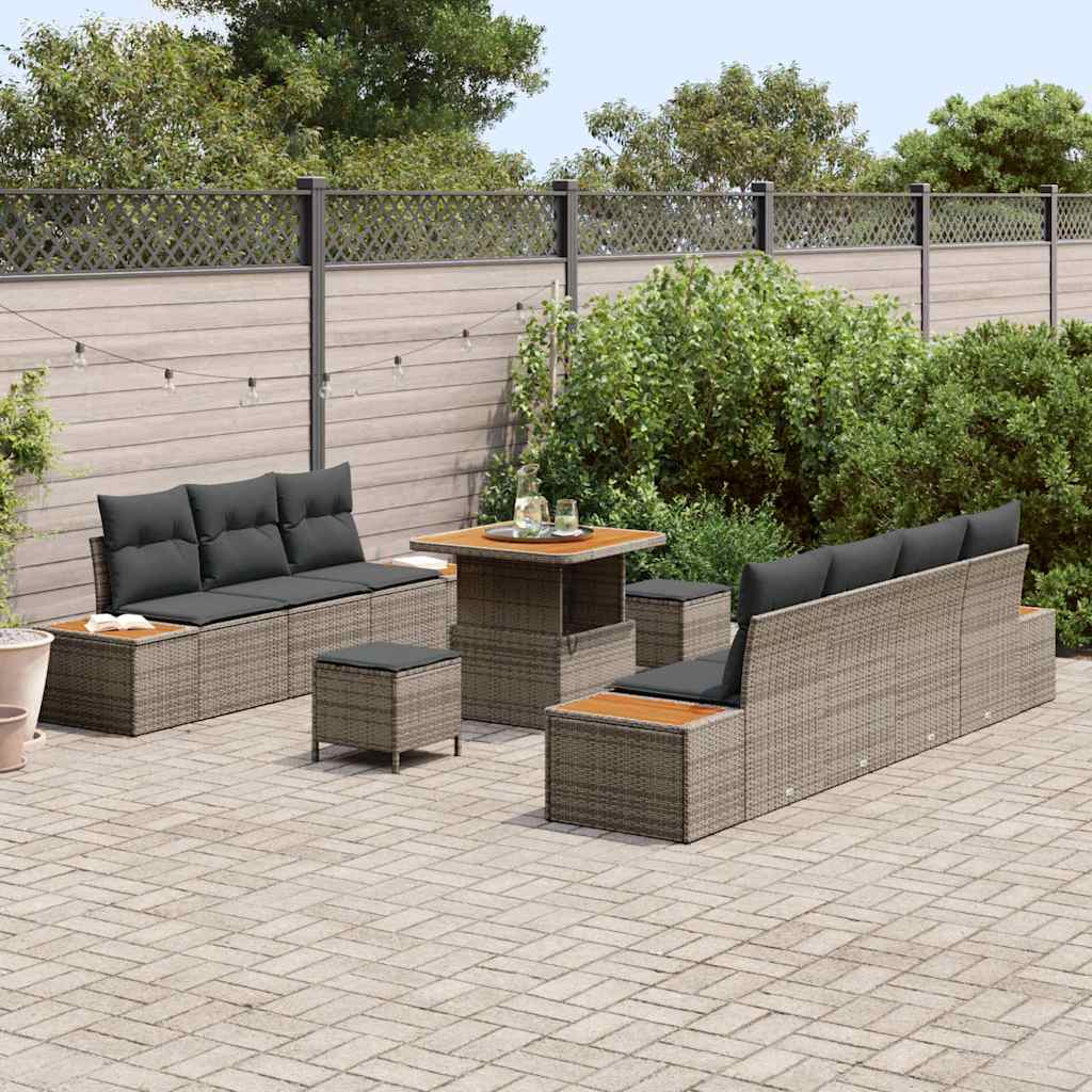 Conjunto de sofás de jardín con cojín 10 pcs Gris Poliratán
