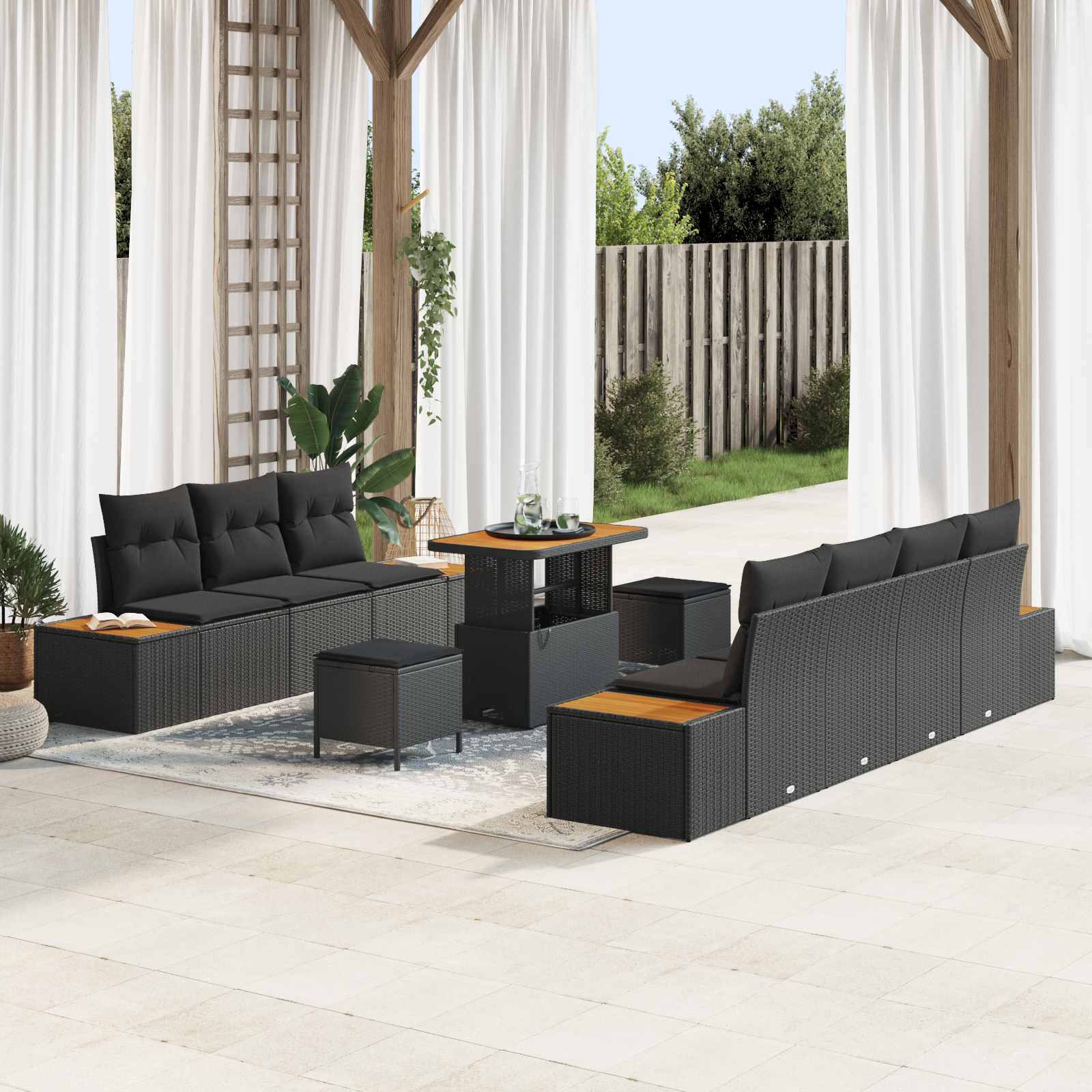 Conjunto de sofás de jardín con cojín 10 pcs Negro Poliratán