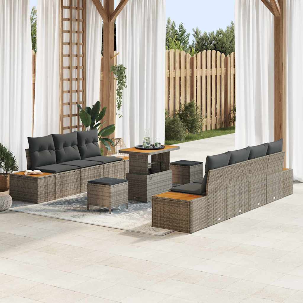 Conjunto de sofás de jardín con cojín 10 pcs Gris Poliratán