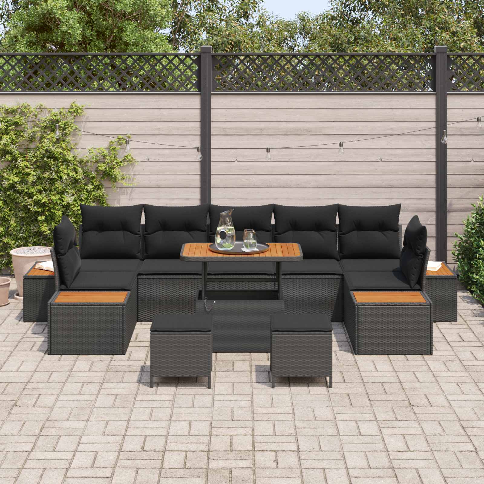 Conjunto de sofás de jardín con cojín 10 pcs Negro Poliratán