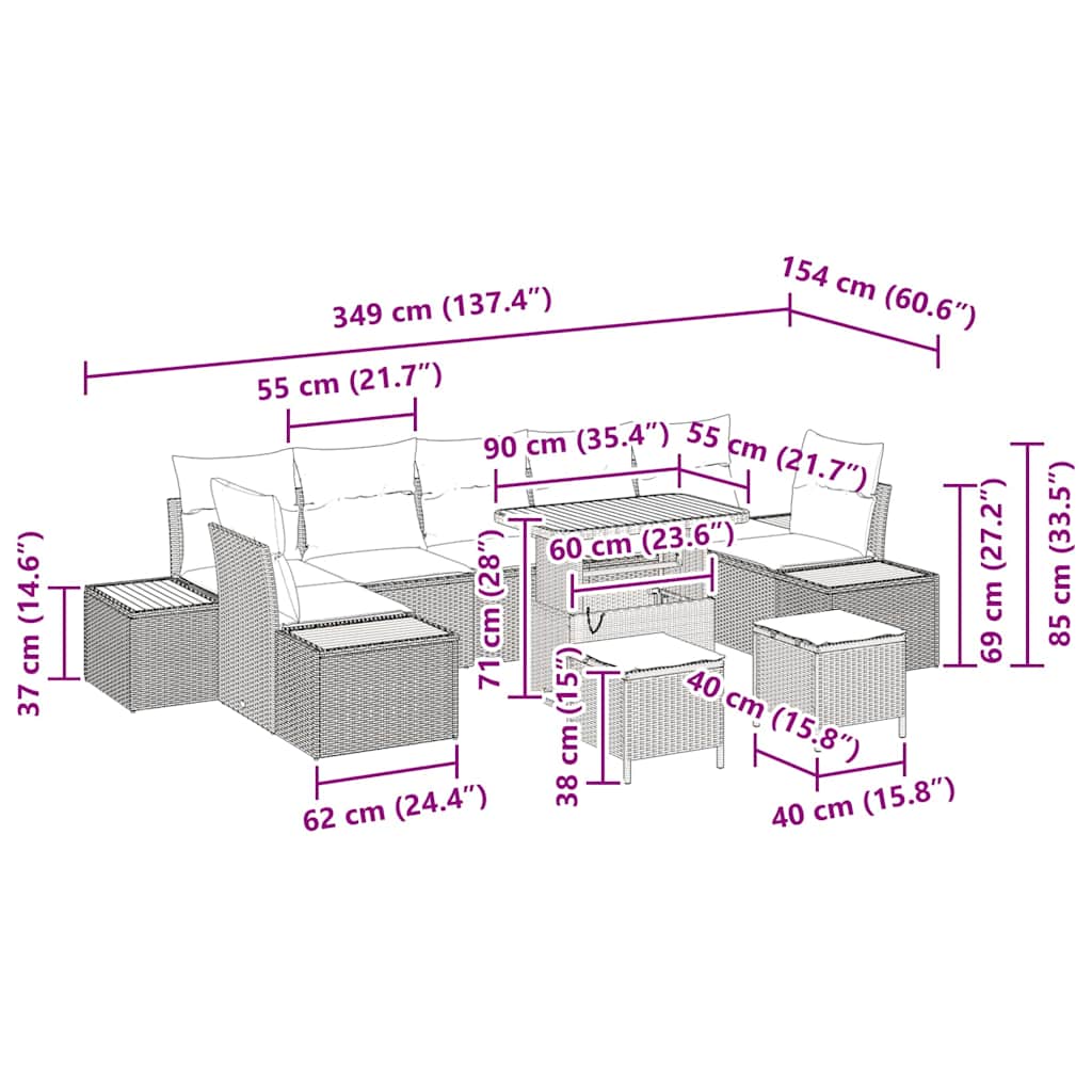 Conjunto de sofás de jardín con cojín 10 pcs Beige Poliratán