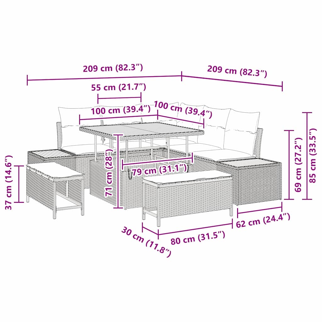 Conjunto de sofás de jardín con cojín 8 pcs Beige Poliratán