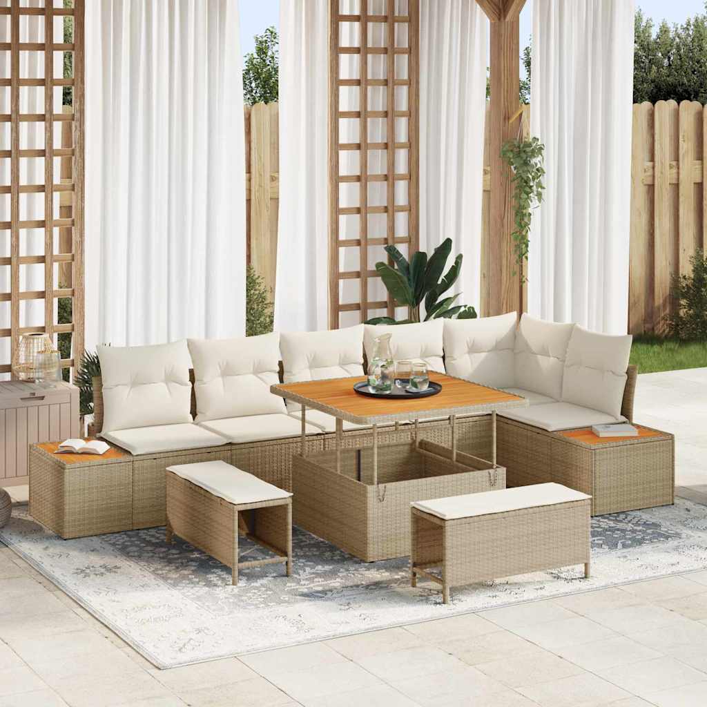 Conjunto de sofás de jardín con cojín 10 pcs Beige Poliratán