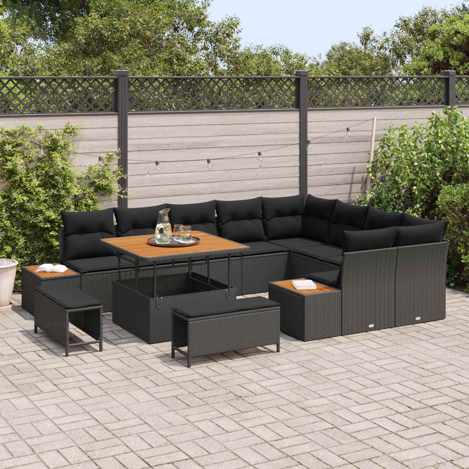 Conjunto de sofás de jardín con cojín 12 pcs Negro Poliratán