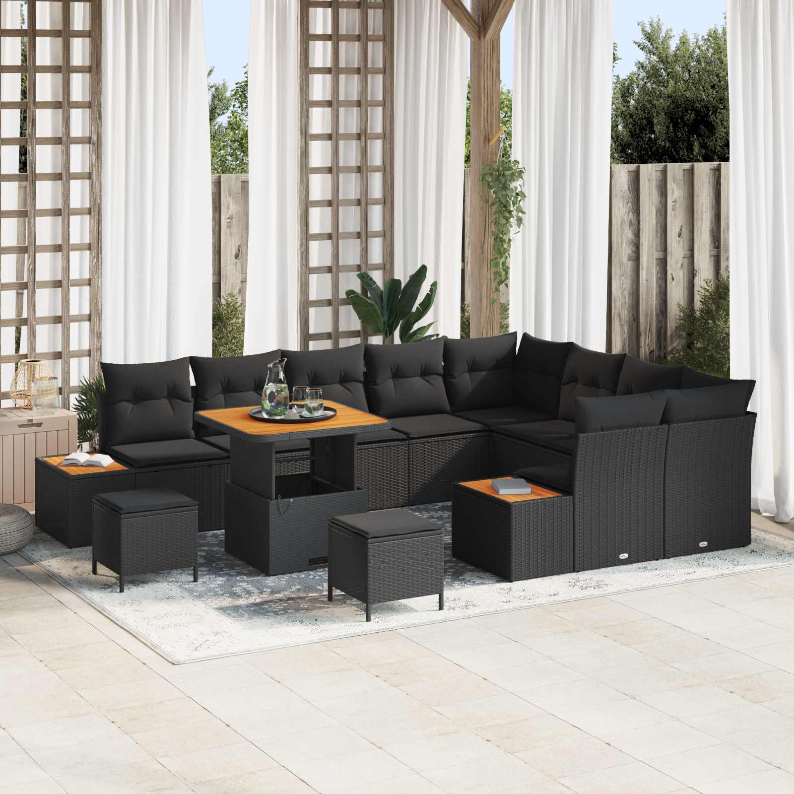 Conjunto de sofás de jardín con cojín 12 pcs Negro Poliratán