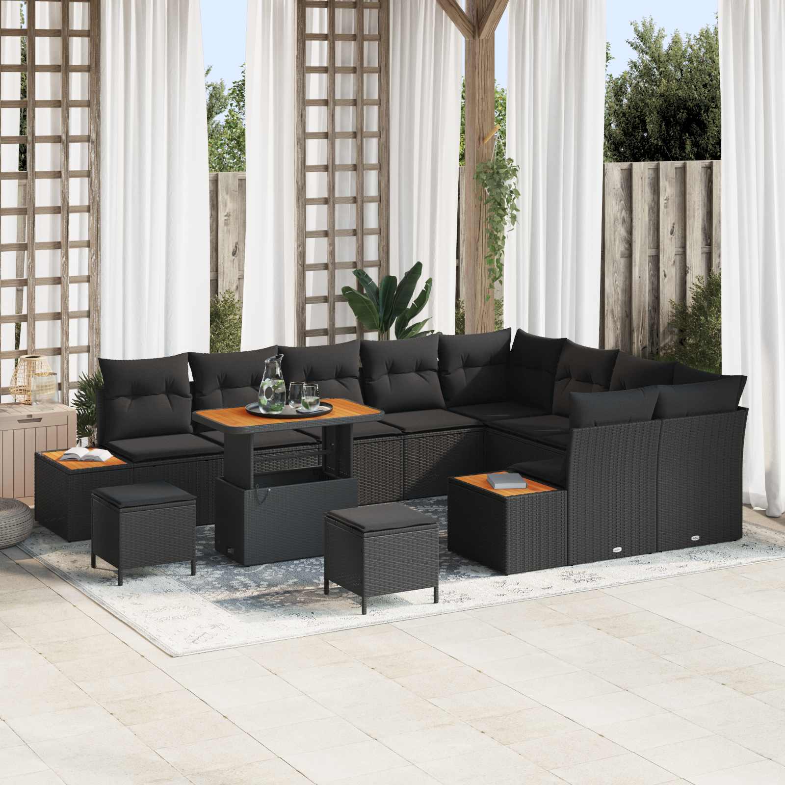 Conjunto de sofás de jardín con cojín 12 pcs Negro Poliratán