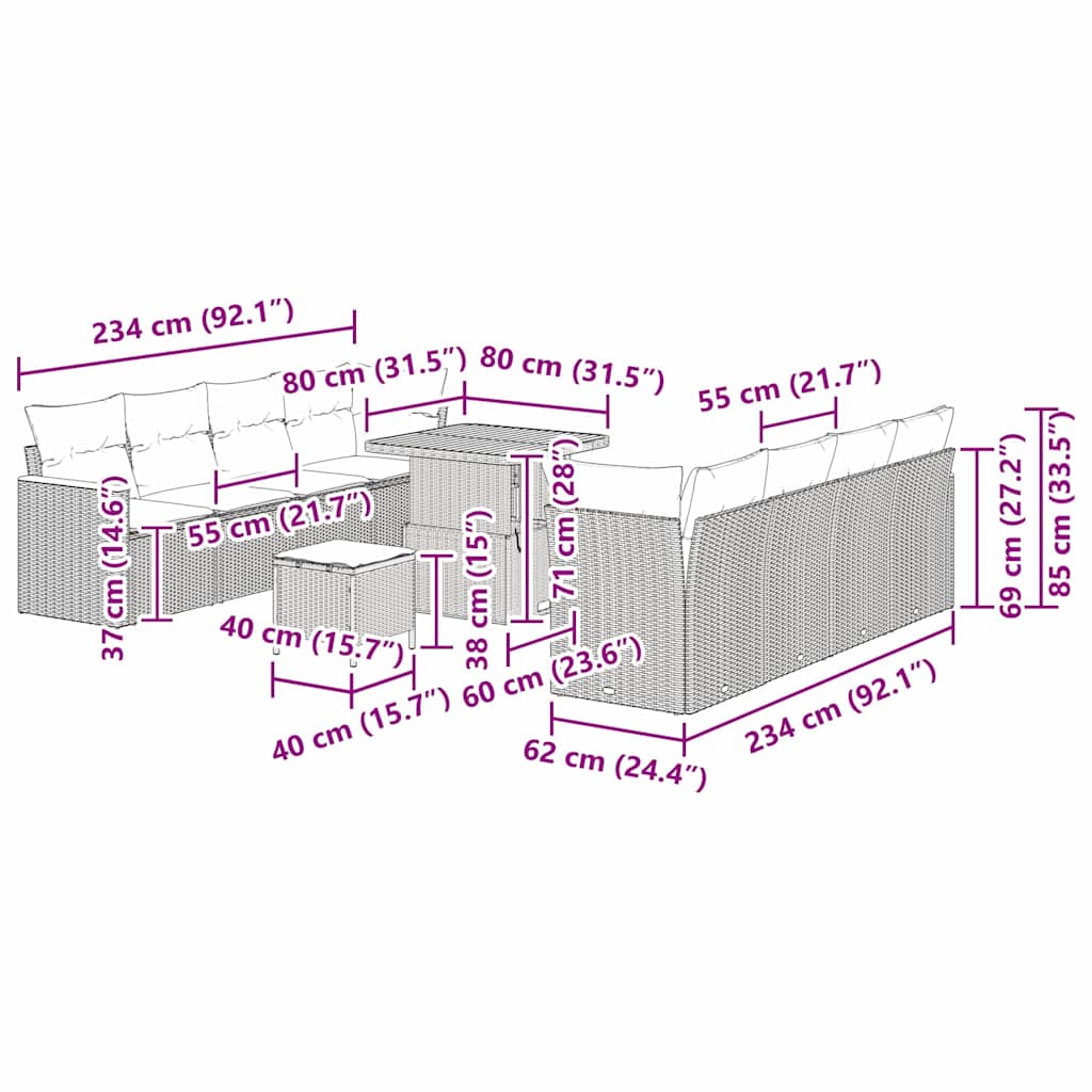Conjunto de sofás de jardín 12 pcs Beige ratán sintético