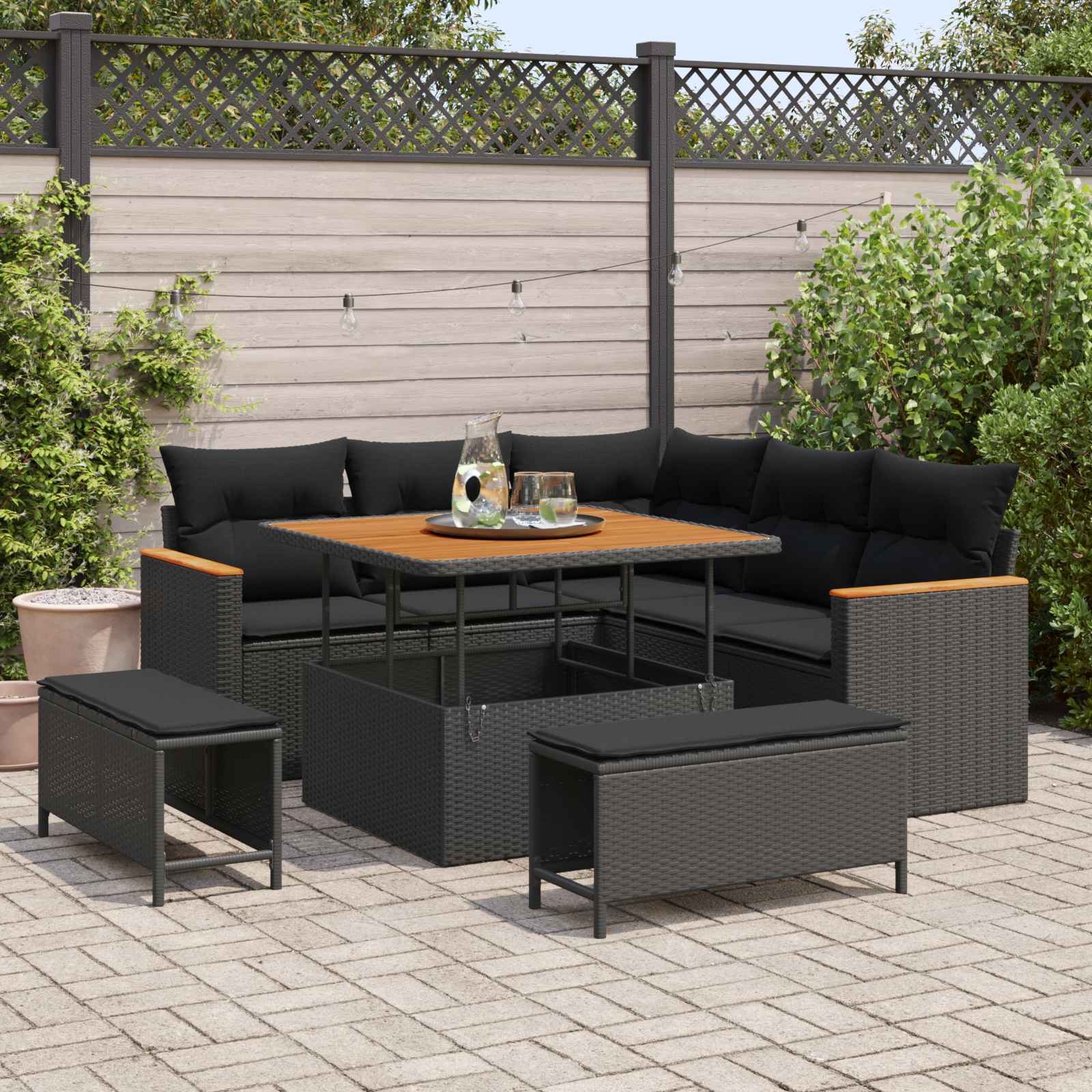 Conjunto de sofá de jardín con cojín 8 pcs Negro Poliratán
