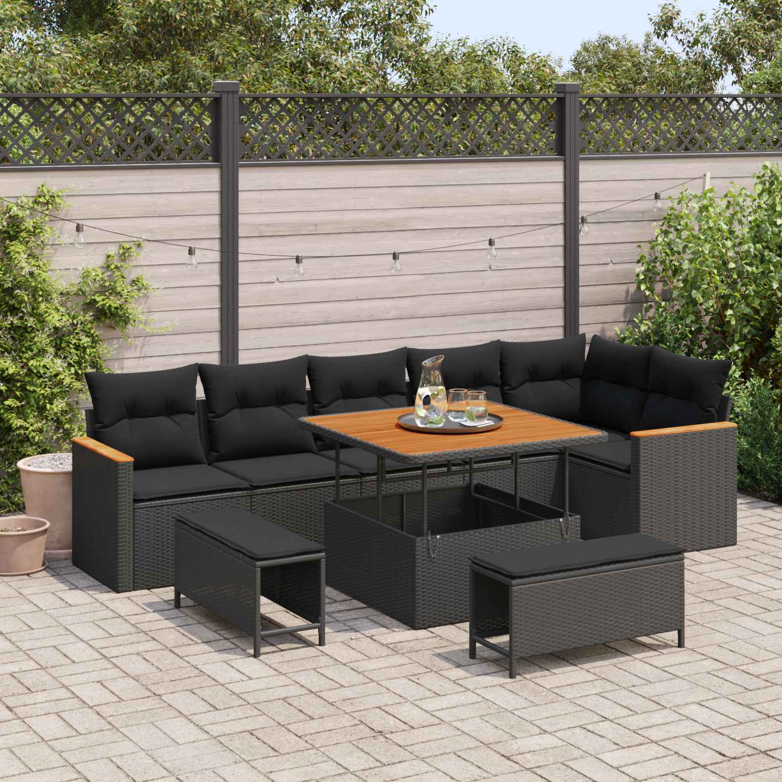 Conjunto de sofá de jardín con cojín 9 pcs Negro Poliratán