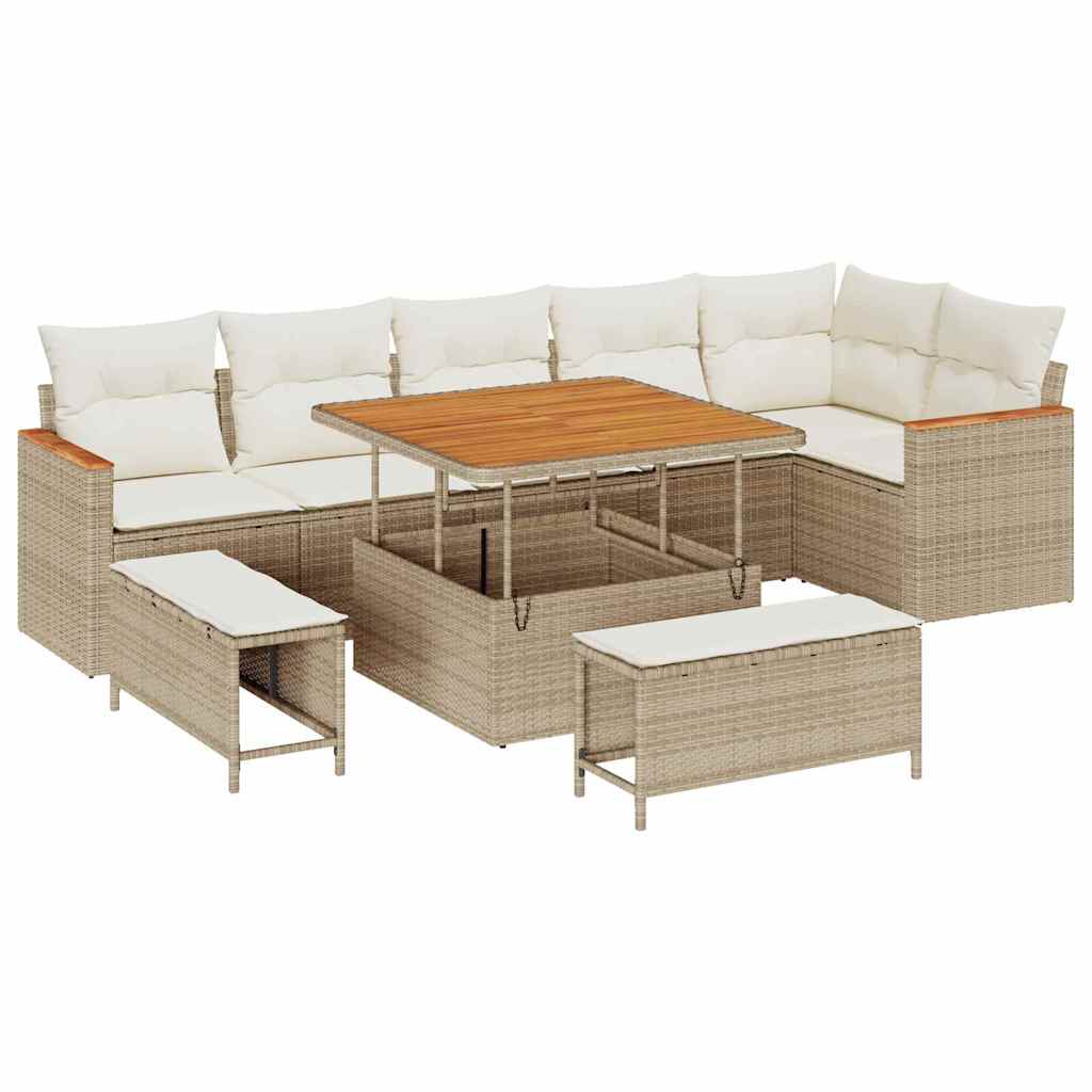 Conjunto de sofá de jardín con cojín 9 pcs Beige Poliratán