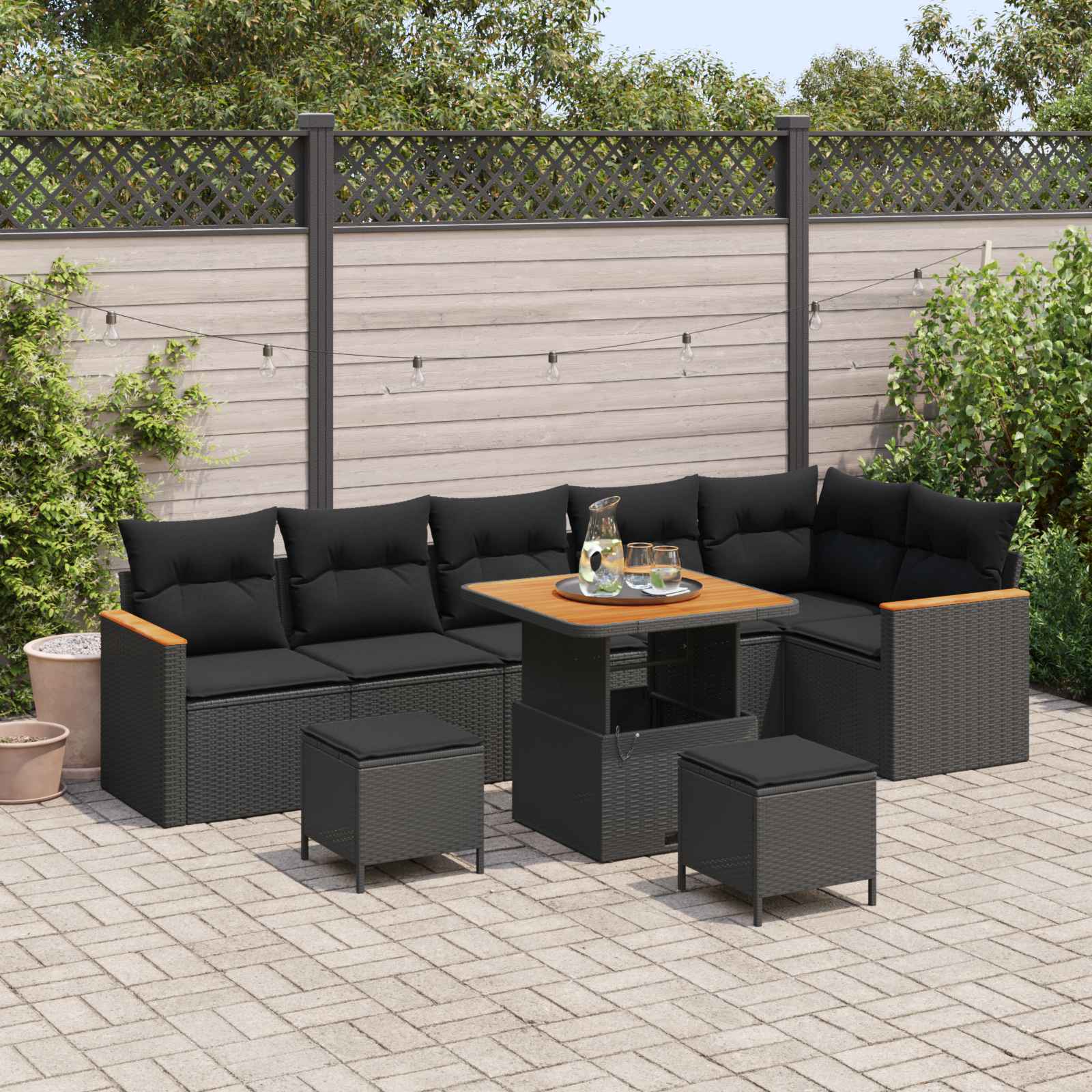 Conjunto de sofá de jardín con cojín 9 pcs Negro Poliratán