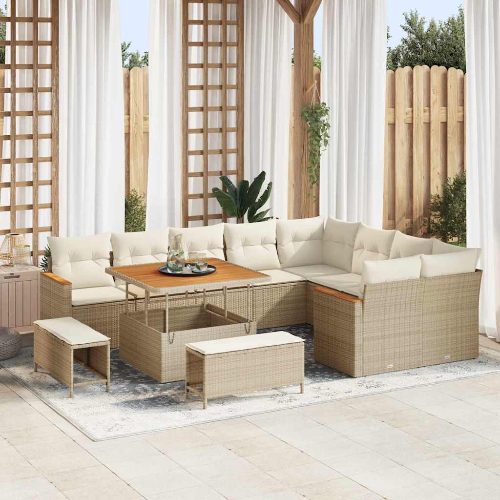Conjunto de sofá de jardín 12 pcs Beige Rattan de Poliéster