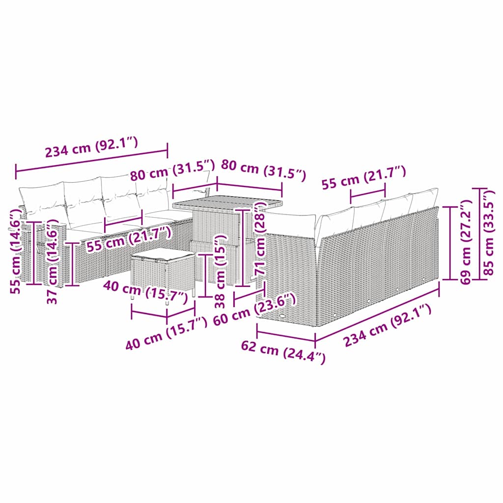 Conjunto de sofás de jardín 12 pcs Gris ratán sintético