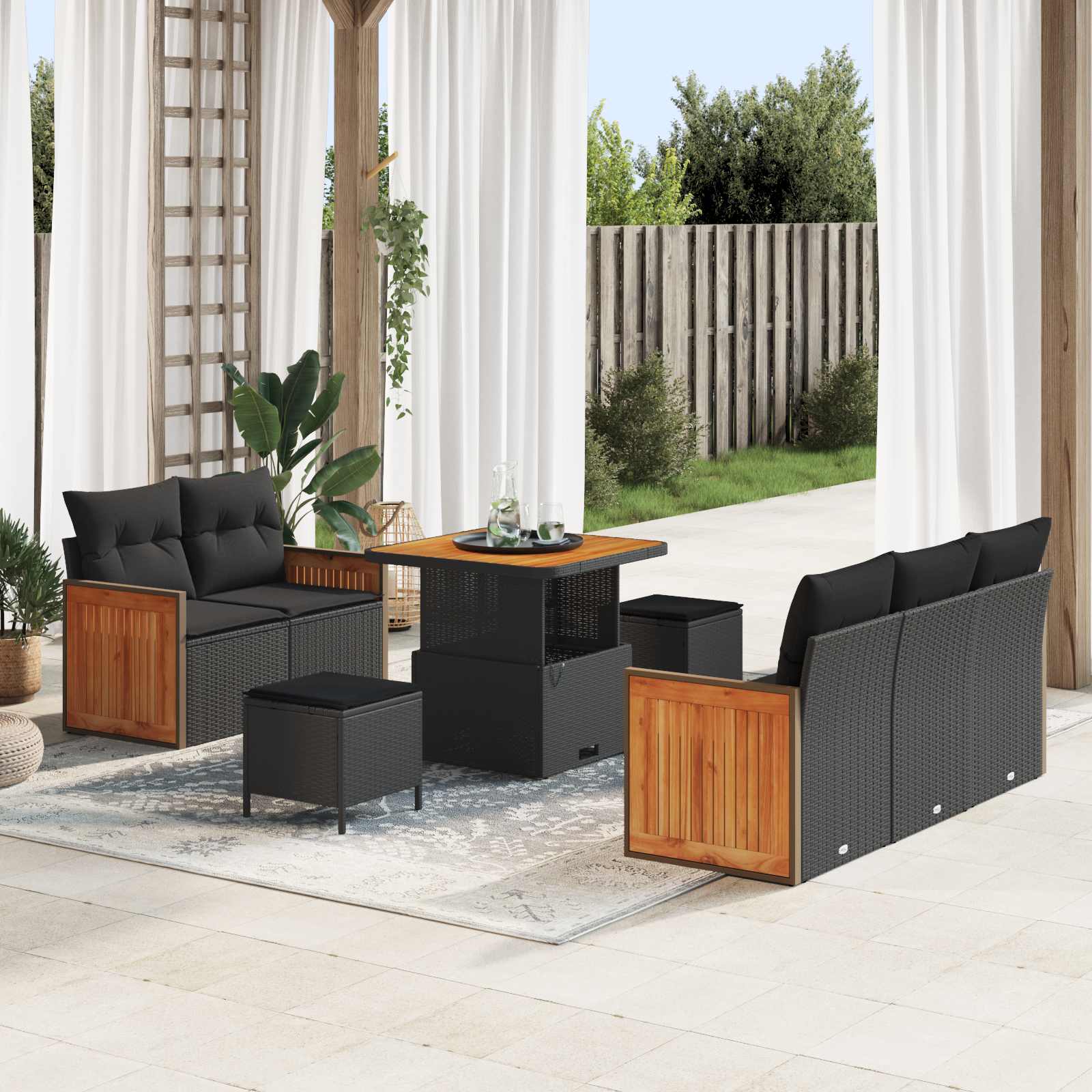 Conjunto de sofá de jardín con cojín 9 pcs Negro Poliratán