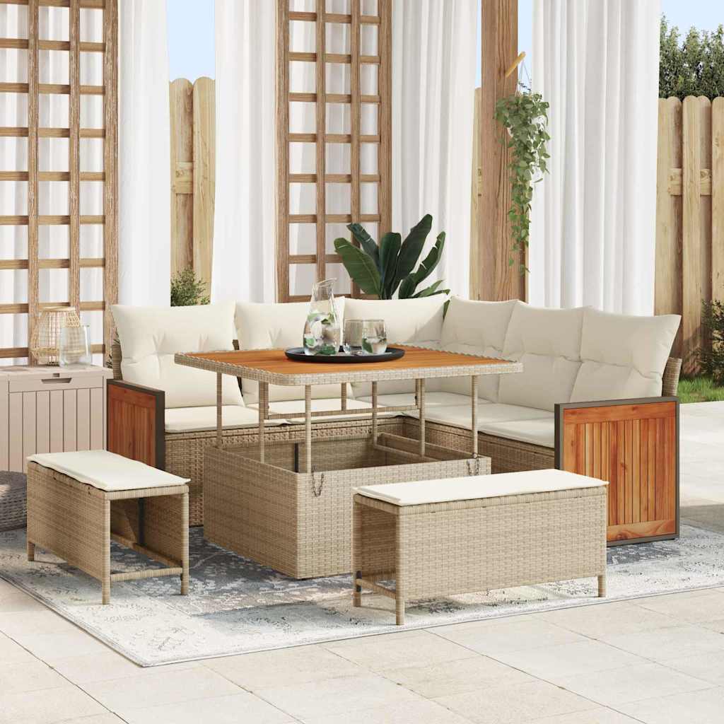 Conjunto de sofás de jardín 9 pcs Beige y Crema ratán sintético