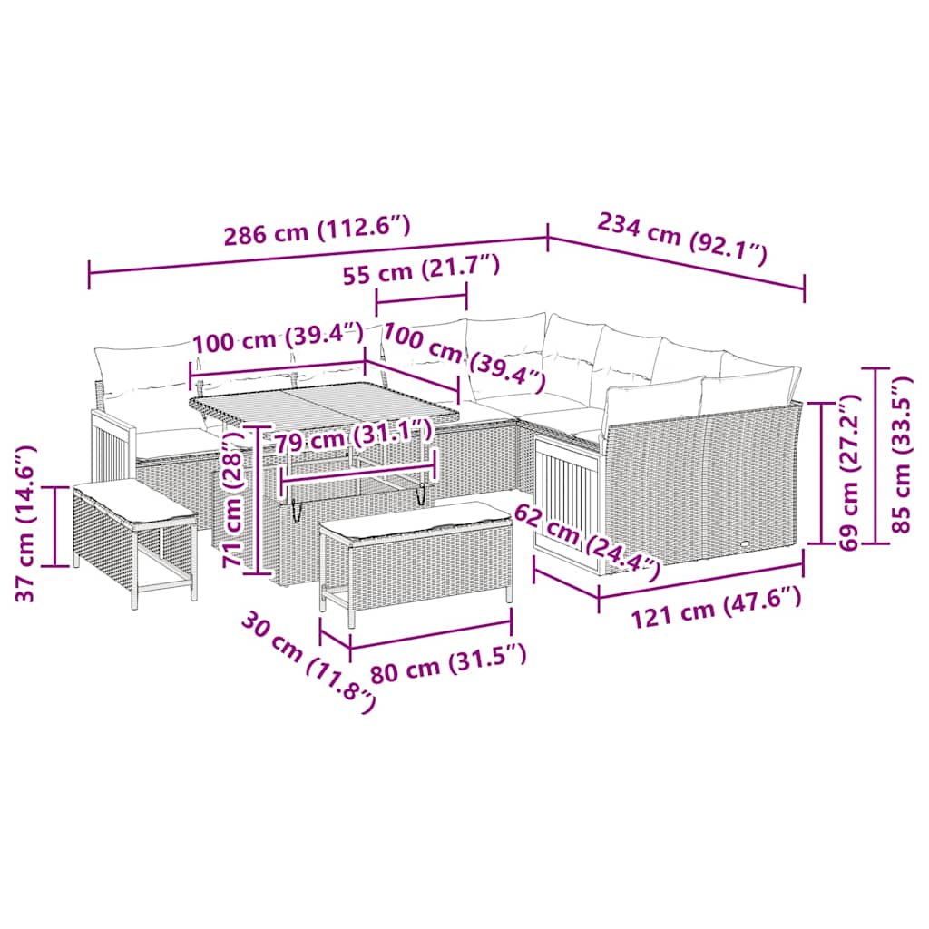Conjunto de sofás de jardín 13 pcs Gris ratán sintético