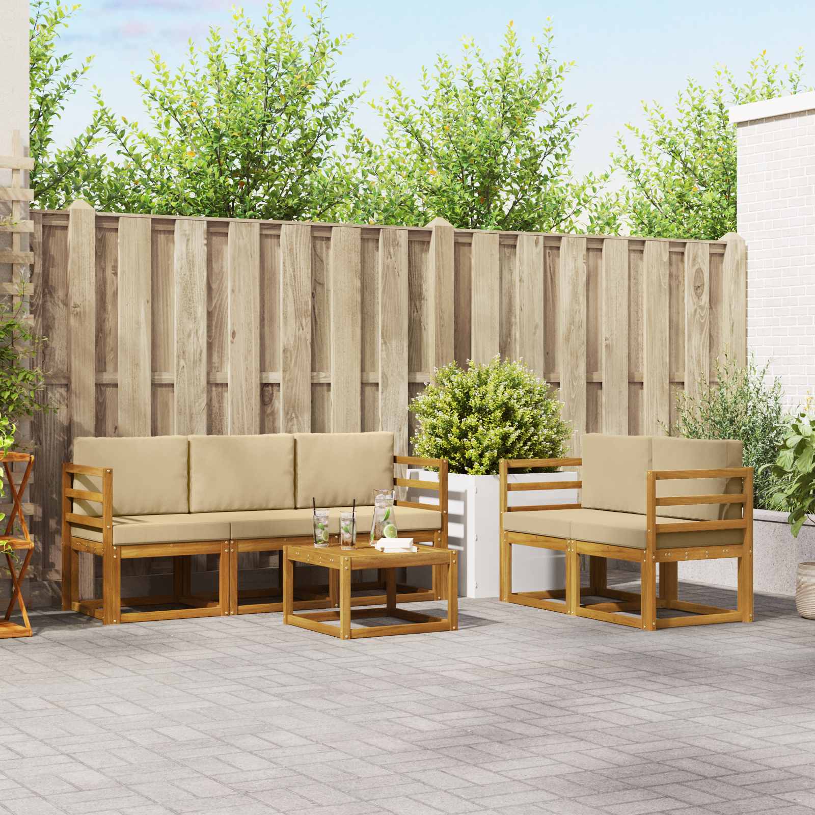 Conjunto de sofás de exterior con cojín 6 pcs Natural