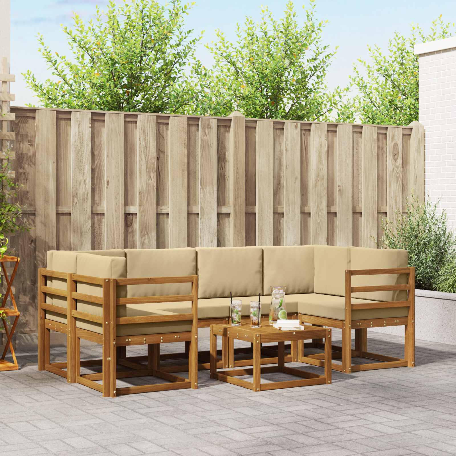 Conjunto de sofás de exterior con cojín 7 pcs Blanco y Crema