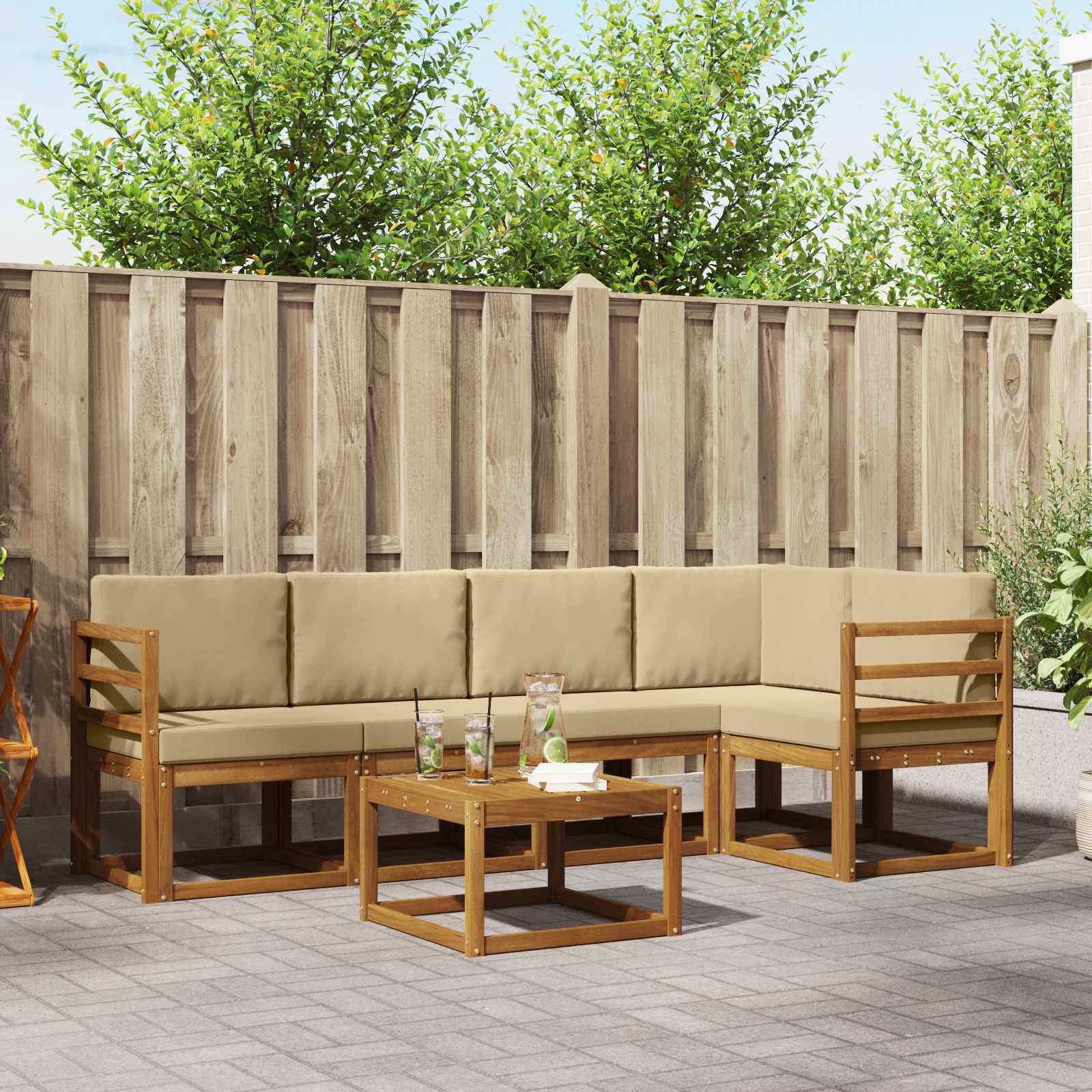 Conjunto de sofás de exterior con cojín 6 pcs Natural y Beige