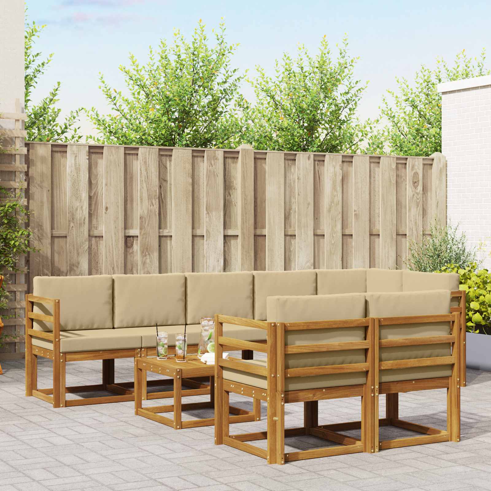 Conjunto de sofás de exterior con cojín 9 pcs Natural y Beige