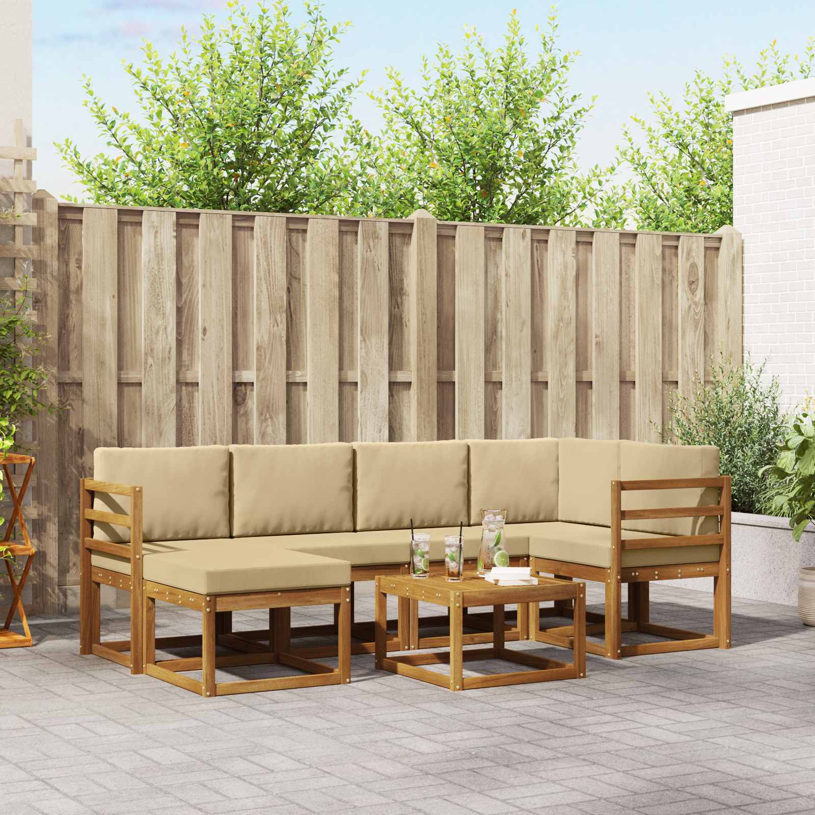 Conjunto de sofás de exterior con cojín 7 pcs Blanco y Crema