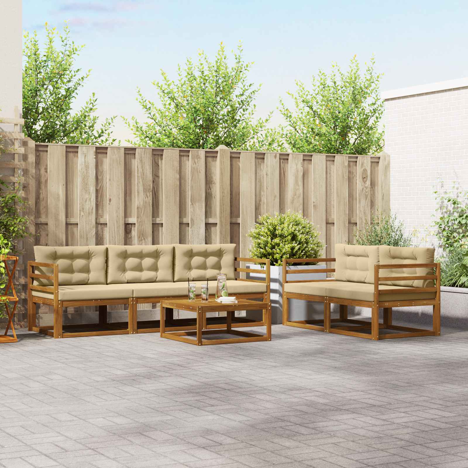 Conjunto de sofás de exterior con cojín 6 pcs Blanco y Crema