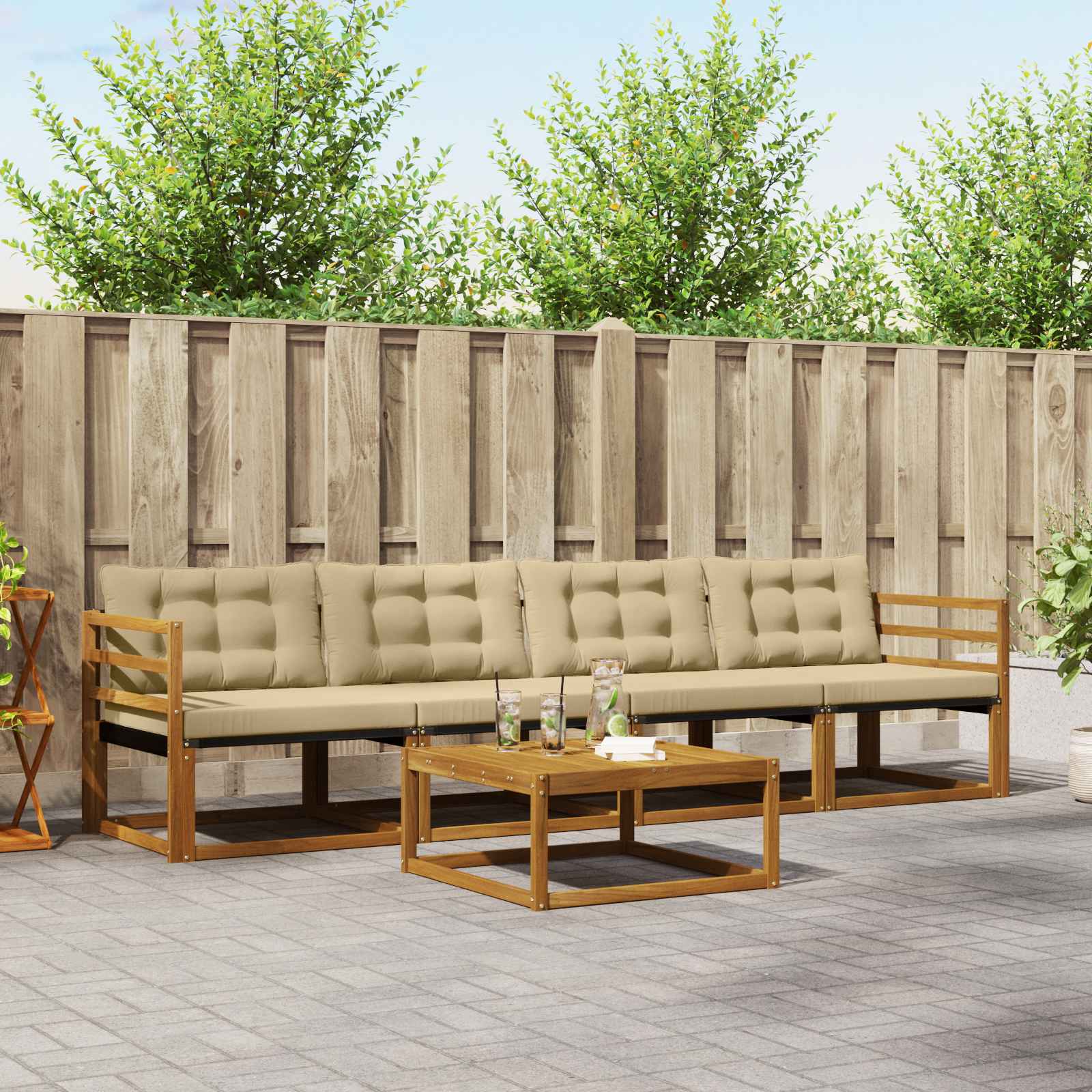 Conjunto de sofás de exterior con cojín 5 pcs Natural y Beige